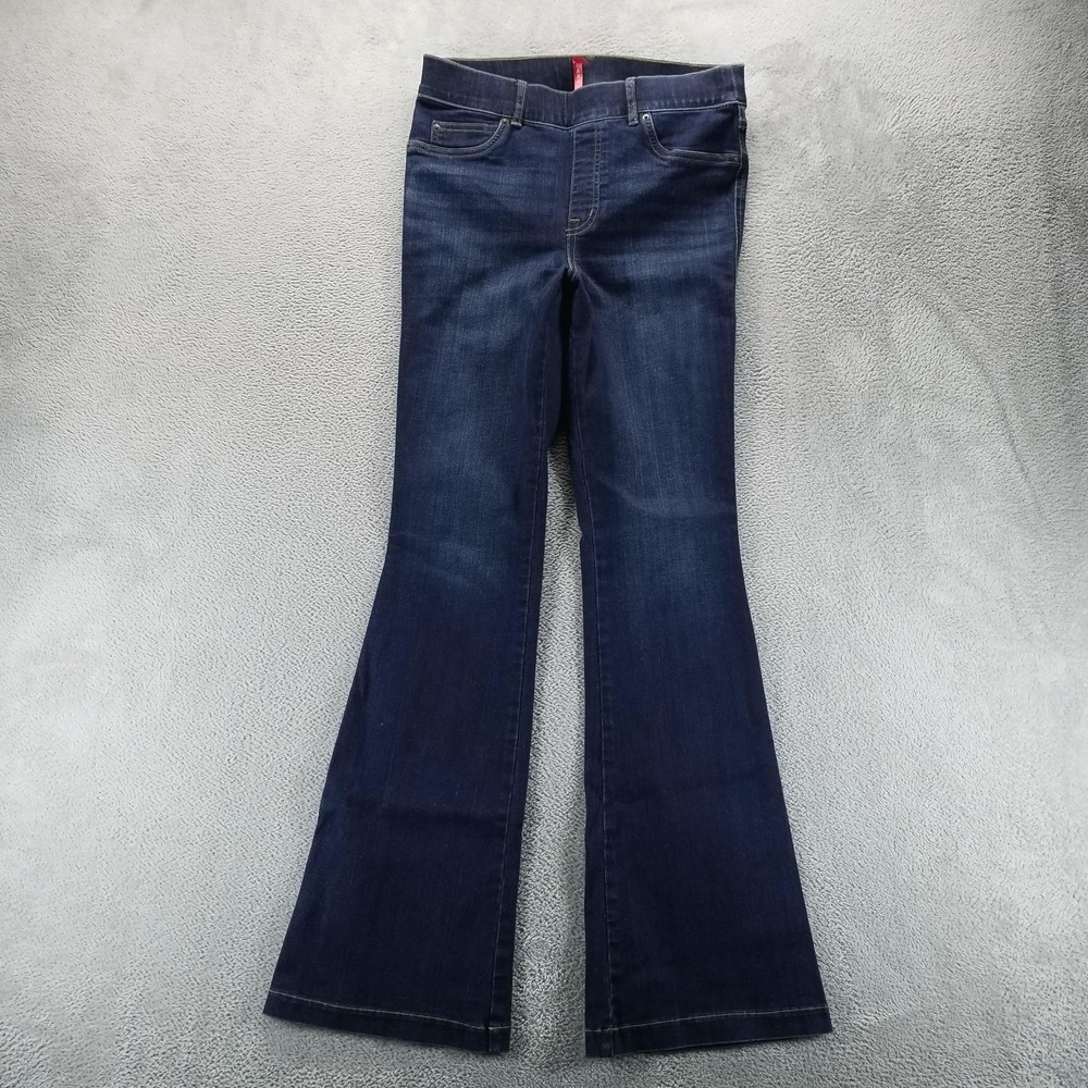 Spanx Jeans Womens L Blue Flared Mid Rise Dark Wash Shaping Stretch Pull On
